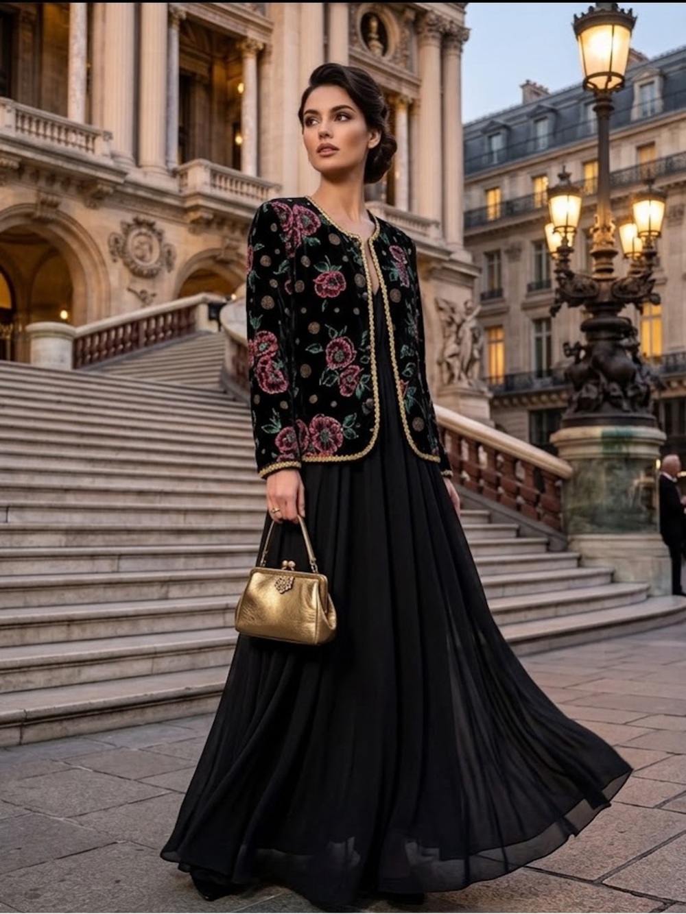 VINTAGE Black Velvet Floral pattern Jacket with Gold Trim